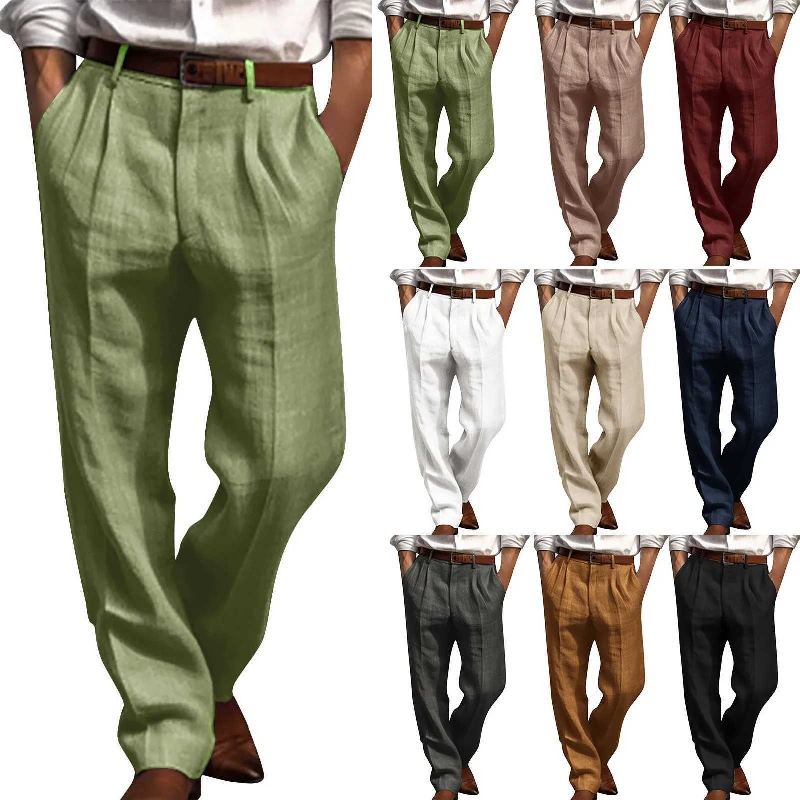 Mens cotton linen pants pleated front straight leg set mens solid color lightweight retro set mens workwearXJ250412