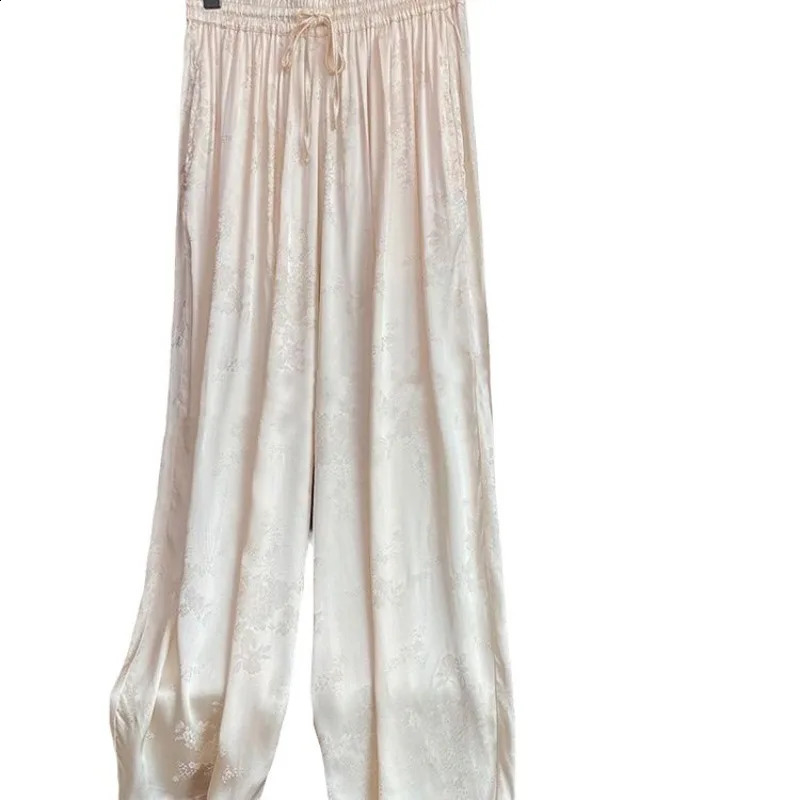 Acetate satin wide leg pants for women in summer silk casual sun protection chiffon floral Chinese style ethnic style pants 250410