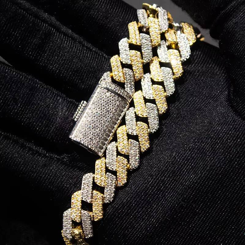 Birthday Gift Scintillating 18K Glad Plated Silver 15mm Two Tone Hip Hop Cuban Link Chain Moissanite