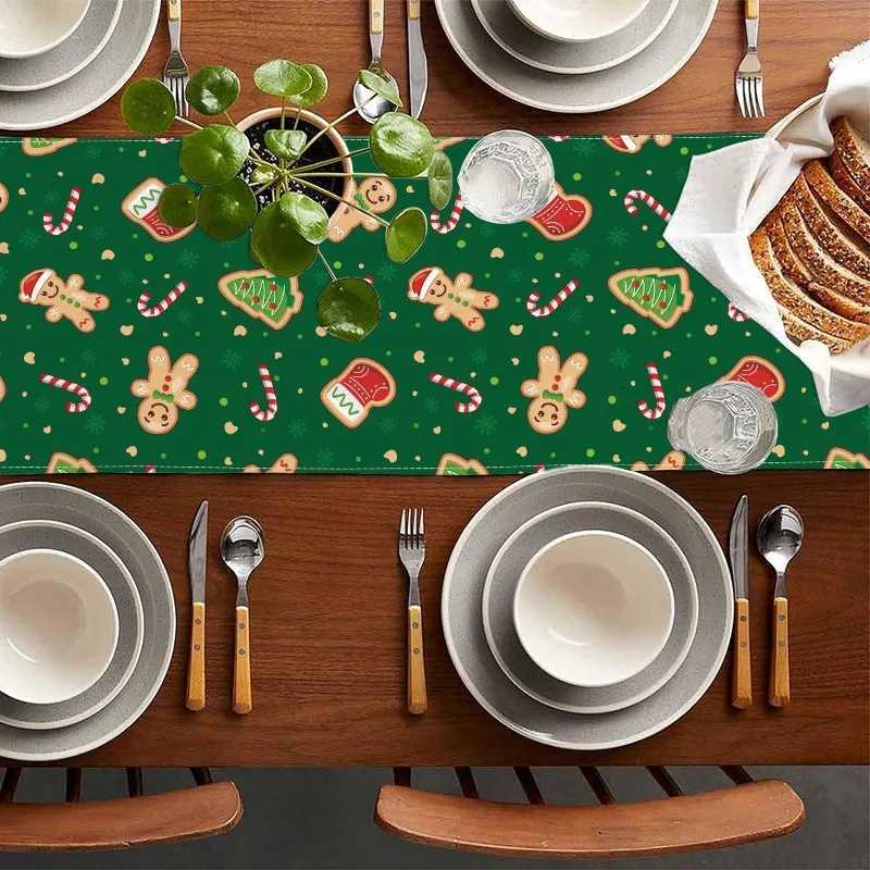 Christmas Gingerbread Man and Candy Cane Green Table Decoration Table Flag Independence Day Warm Farmhouse Table Decoration Christmas Deco Y251113