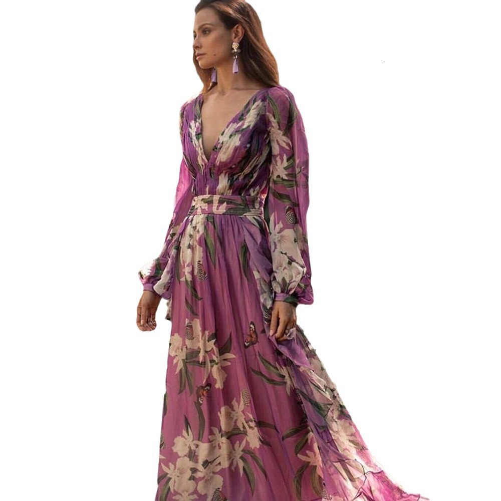 2025 Winter New Womens V-neck Long Sleeved Printed Pendant Dress