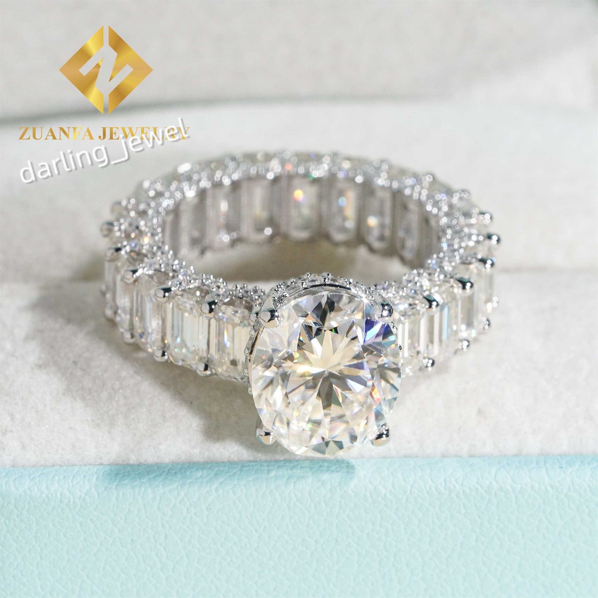 Luxury White Gold Color Boutique Bridal Wedding Jewelry Flawless 5Ct Oval +Emerald Moissanite Diamond Engagement Band Ring