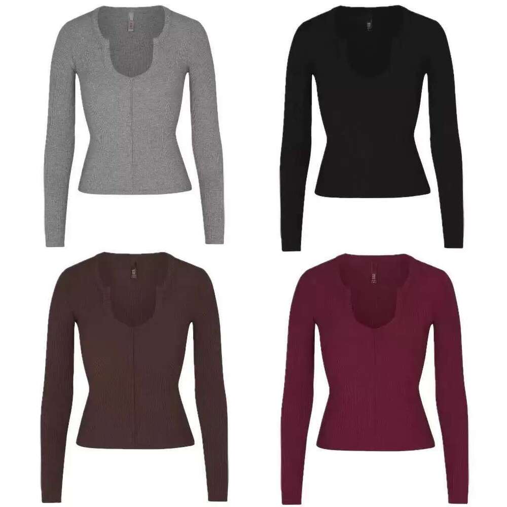 Women's Wear Kim Thread Open Small U-Neck Commuter Base Shirt Long Sleeve T-Shirt Top Woman