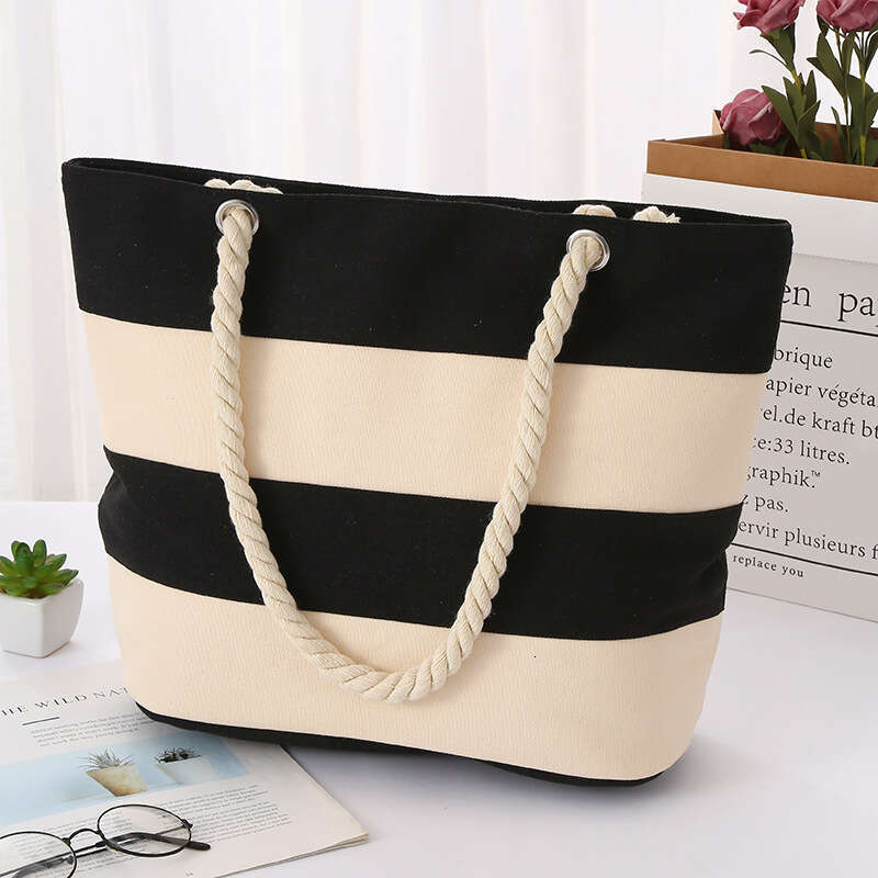 Coarse hemp rope striped patchwork for women's leisure, tourism, shopping, practical large capacity portable canvas bag