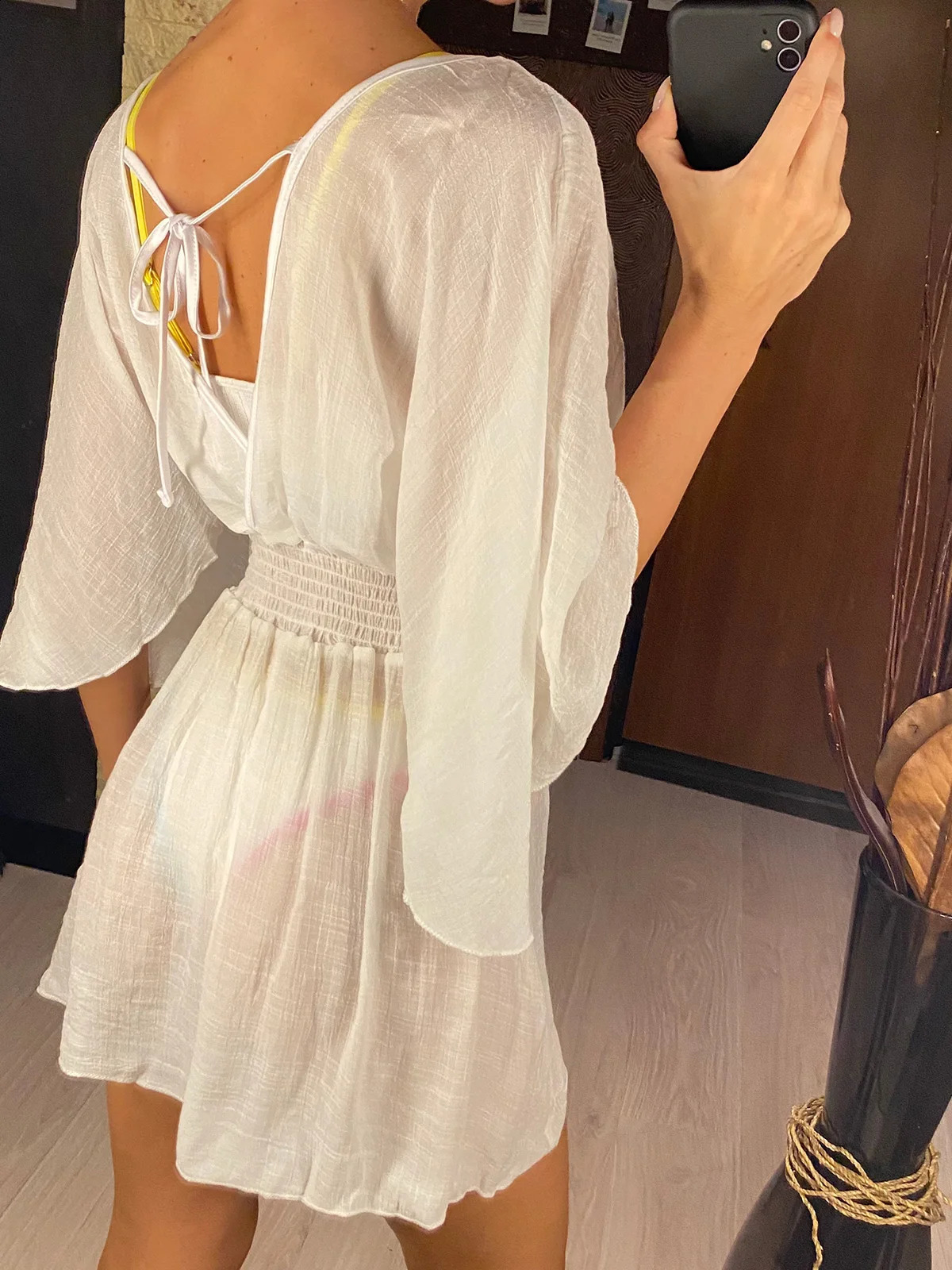 Sexy V Neck Long Sleeve Backless Chiffon Tunic Beach Cover Up Beach Cover-ups Beach Dress Beach Wear Beachwear V3840 250409