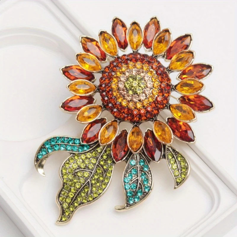 Large heavy industry elegant sunflower plant brooch inlaid with diamond brooch fashionable womens brooch accessories gift 250409