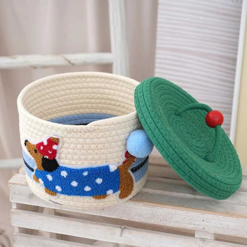 Cartoon Cotton Rope Storage Basket Dachshund Pattern Round Hand Gift Box with Cover Decorative Hand Woven Basket He Decoration Y251112