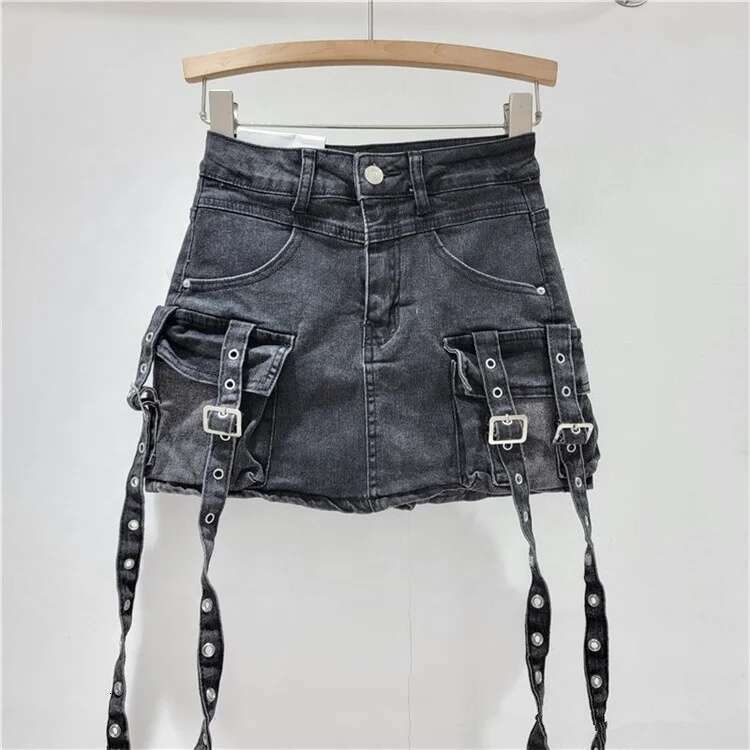 Womens Casual Multiple Pockets Denim Vintage Goth Y2k Mini Skirt 2024 New Fashion Women Skirts