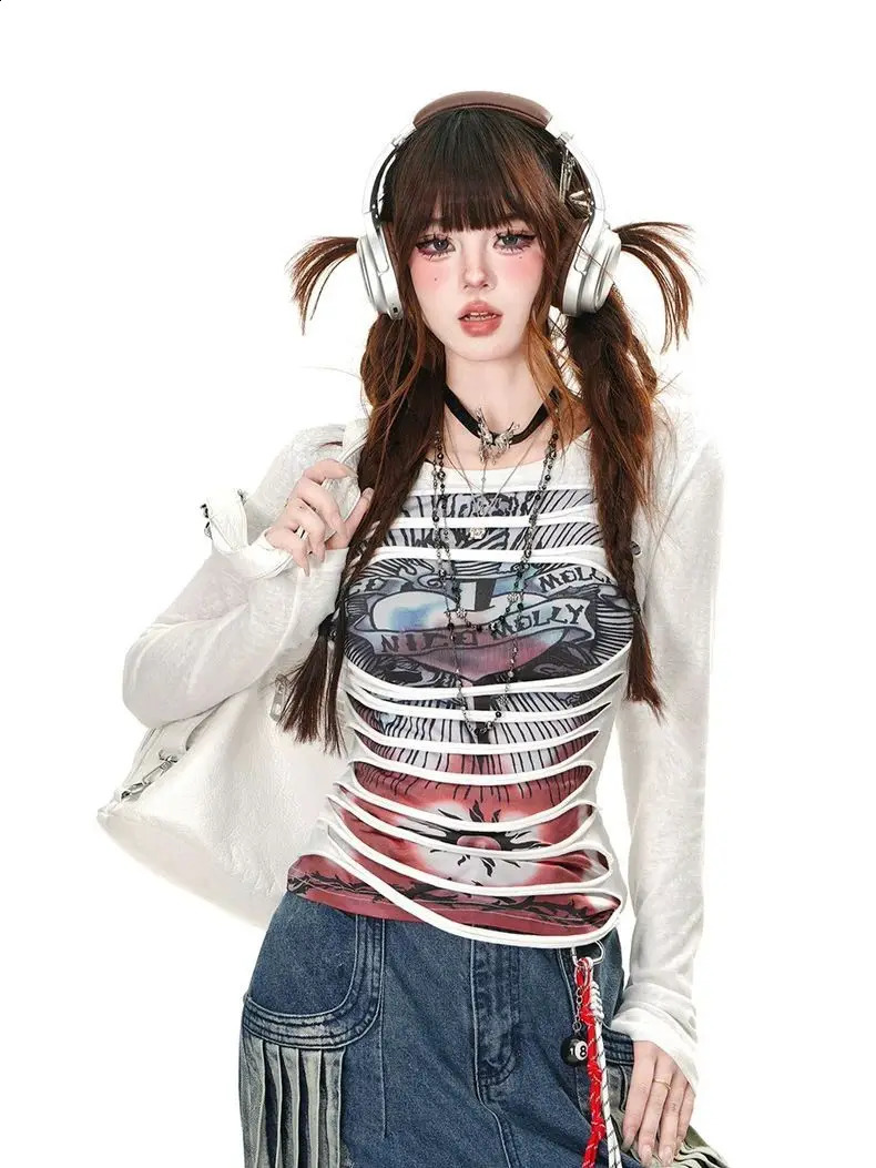 American retro street non mainstream doublelayer 3D tear hole decoration girl Tshirt womens waist top slim 250407