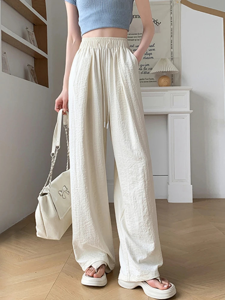 Loose casual pants simple and comfortable brushed elastic waist wide leg pants womens spring/summer straight pants 250411