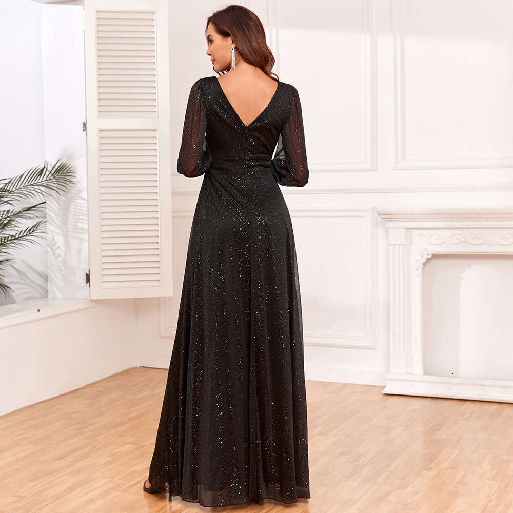Designer New Perspective Sleeves Spliced Long V-Neck High Split Large A Swing Shining Full Lining Quality Evening Dress