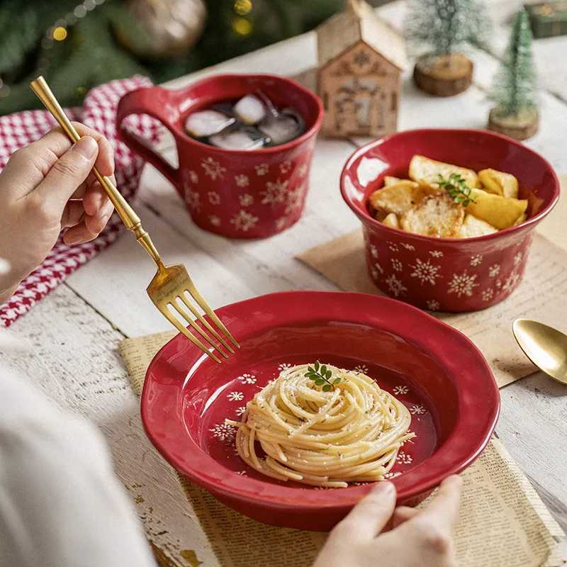 Christmas Christmas Tableware Embossed Plate Snowflake Steak Western Dish Creative Simple Ceramic Dessert Bowl Mug Y251113