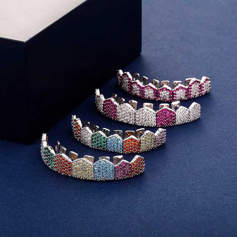 Hip Hop Colored Zircon Pave Sparkling Ice Out Flat Teeth Grillz Top Bottom CZ Dental Grill Male Rapper Jewelry Gold SilverXJ250412