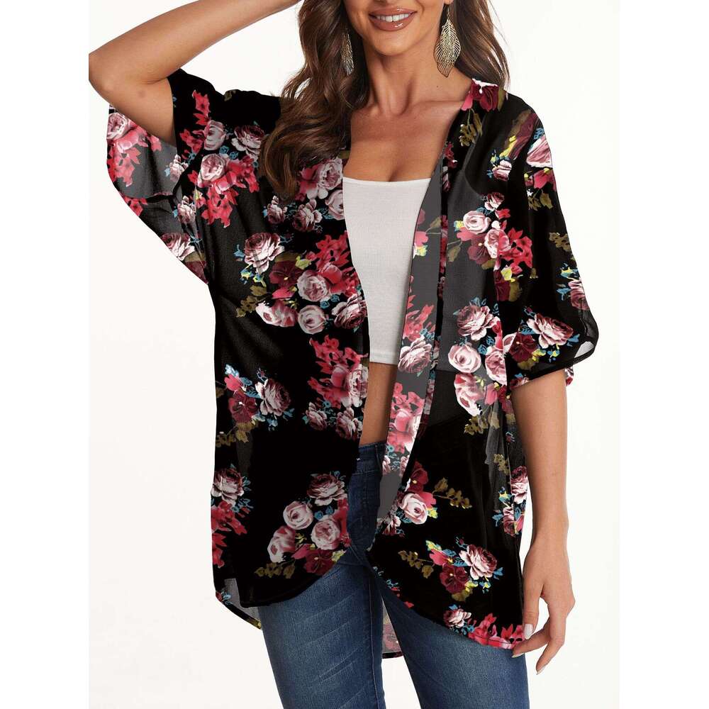 Women's Sunscreen Cover Up Printed Chiffon Top And Kimono Cardigan