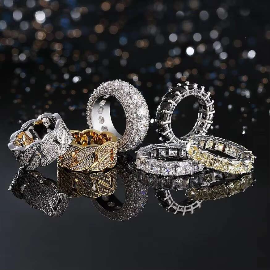 Iced Out Hiphop Moissanite Ring Band 3 Row Pave Setting Eternity Ring Gold Plated 925 Sterling Silver Vvs Moissanite Ring