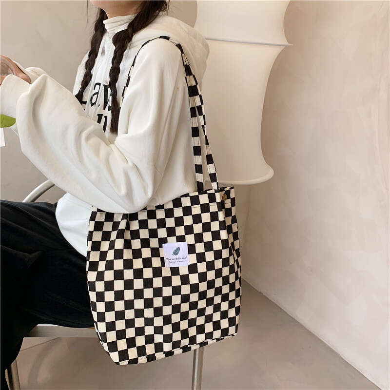 012174 Corduroy Checkerboard Single Shoulder Tote Female Student Classroom Canvas Minimalist Handheld Cloth Bag