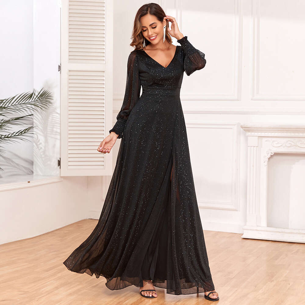 Designer New Perspective Sleeves Spliced Long V-Neck High Split Large A Swing Shining Full Lining Quality Evening Dress