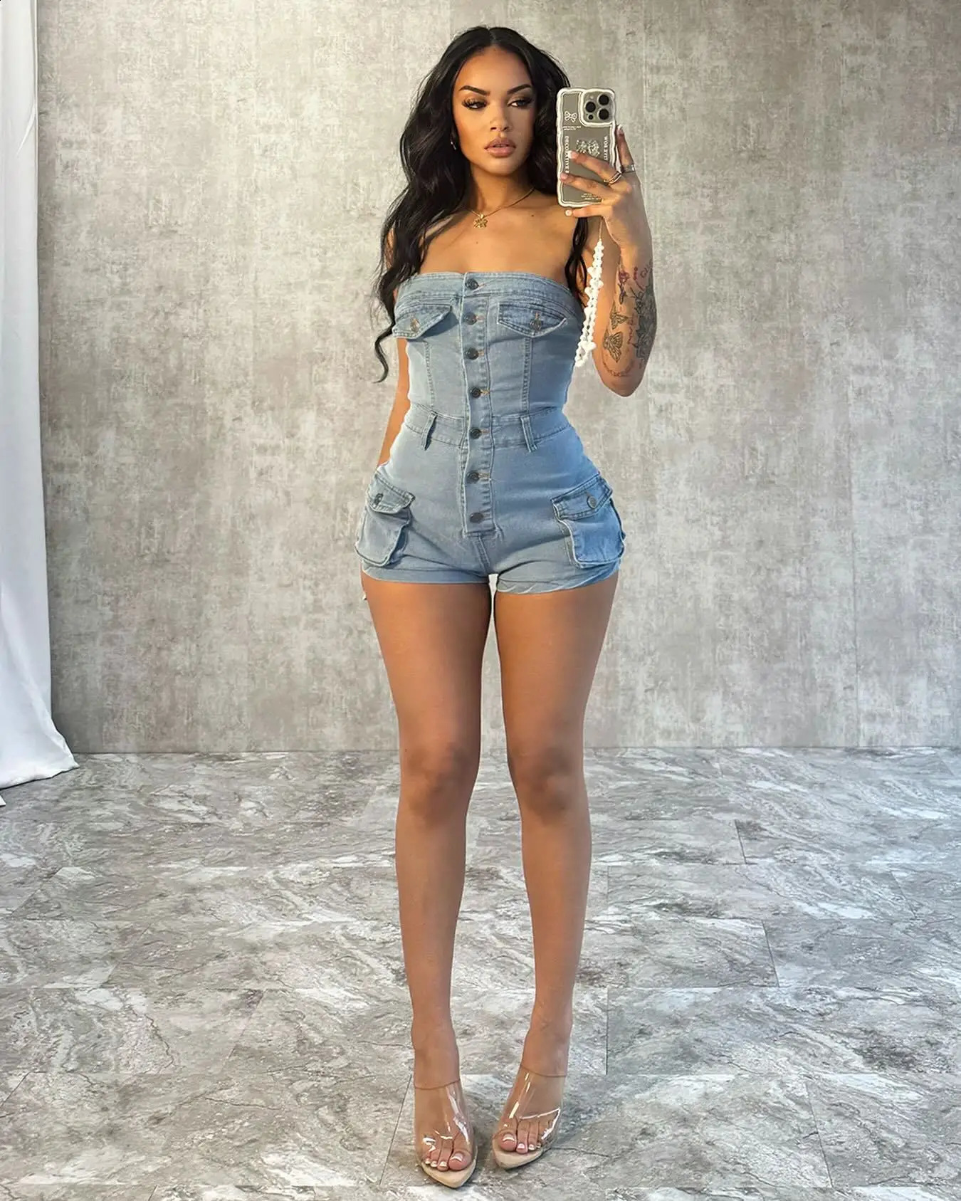 Womens casual sleeveless elastic denim jumpsuit womens fashionable onepiece set sexy shorts 250411