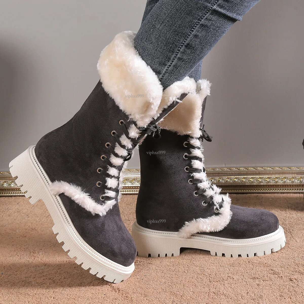 New Free Shipping Designer Shoes Autumn And Winter Oversized Plush Warm Thick Soled Mid Length Boots Fashionable Round Toe Lace Up Snow Boots For Wome