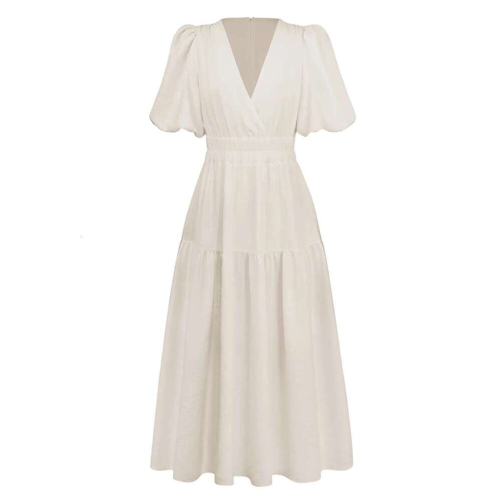 Fashion Ladies Summer Vintage Women Lantern Sleeve Ruffles Causal Dress V-Neck High Waist Sexy Party Midi Beach Dresses