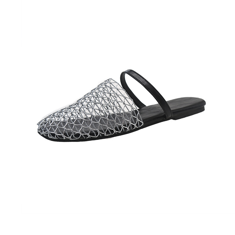 Summer new fisherman flat bottomed round toe half slippers, niche fish net woven hollow Roman sandals for women
