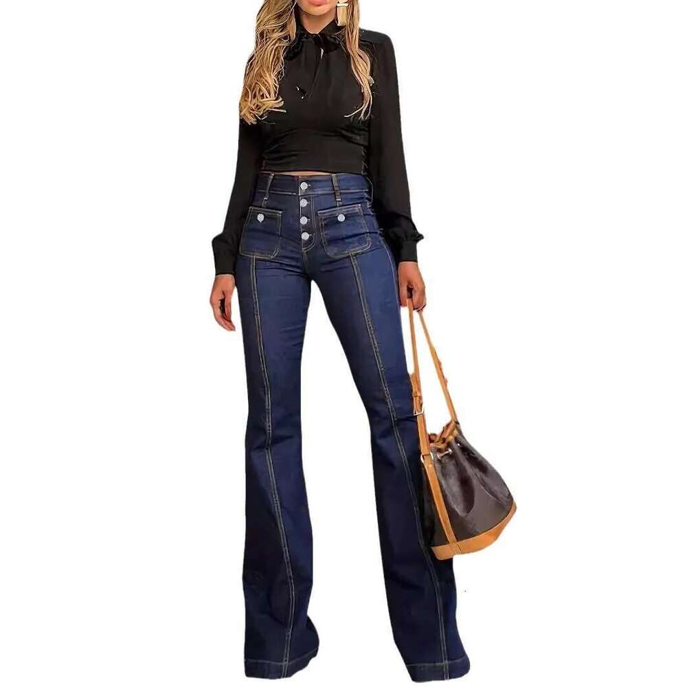 Vintage High Waited Woman Street Fashion Breasted Horn Black Clothing Rest Wide-Leg Pants Women Jeans