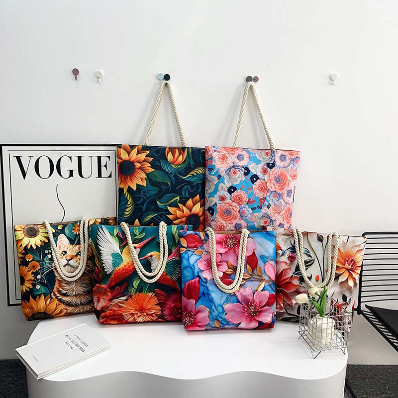 Women's double-sided embroidered canvas shoulder bag fashionable linen cotton rope simple handbag