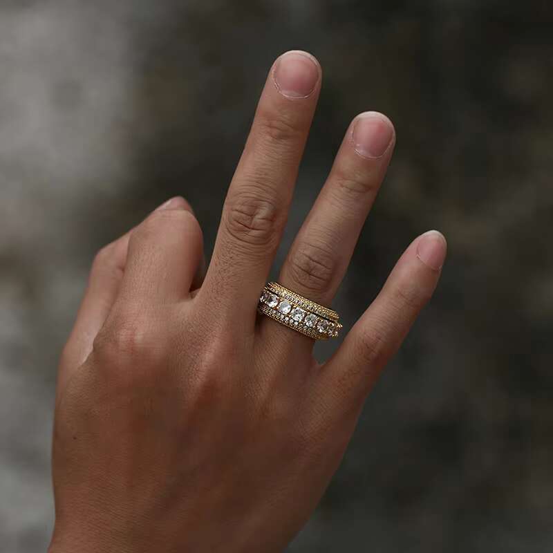 OEM ODM Service Rapper Jewelry Gold Plated Brass Rotatable CZ Gemstone Cluster Hip Hop Ring for Men