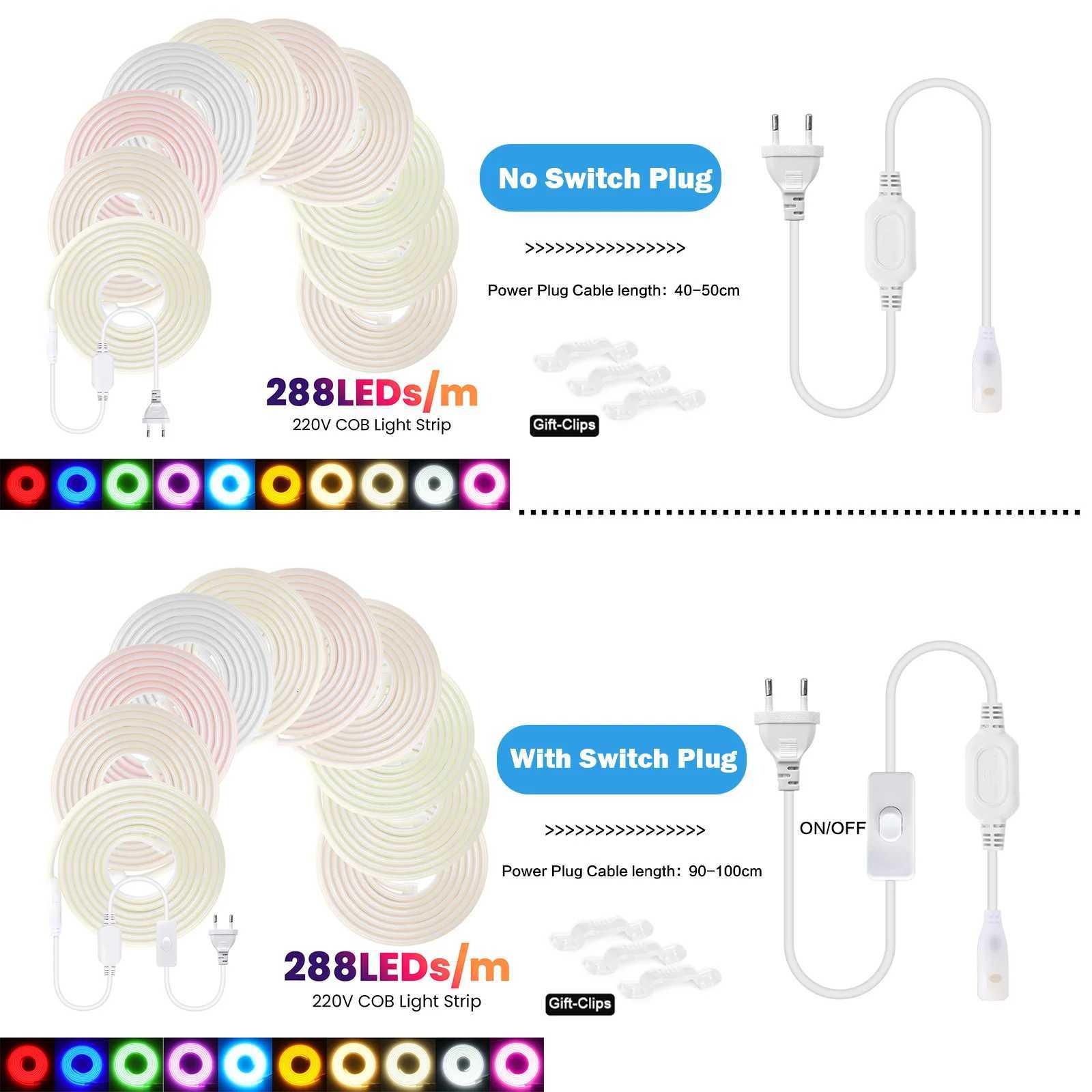 220V COB Neon Strip 288LEDs/m Purple White Blue Red Green IP67 Waterproof Ribbon Light With Switch EU Plug Lighting Garden/Home W251112