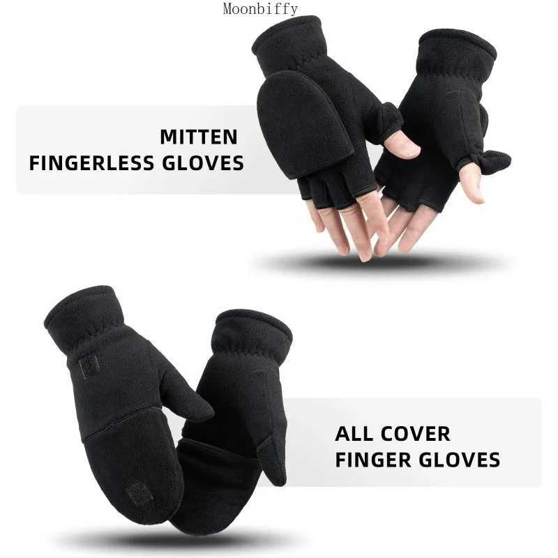 Women Men Winter Polar Fleece Half Finger Flip Gloves Double Layer Thicken Touch Screen Fingerless Convertible Mittens Wrist WarC250412