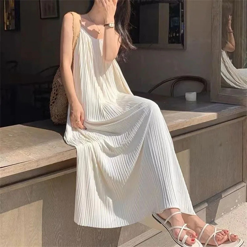 Womens spaghetti strap dress 2025 summer solid color loose long beach sun lace elegant sleeveless party midi 250411