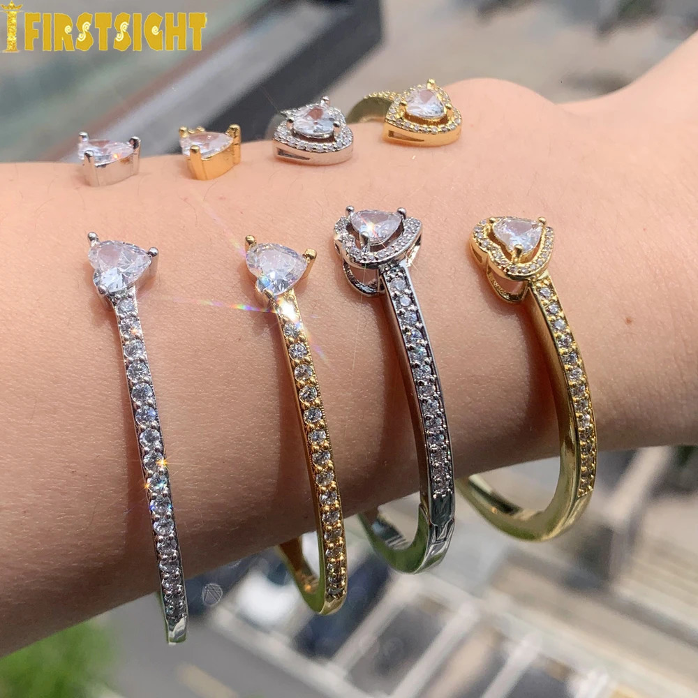 Opened Heart Charm Bracelet Iced Out Bling Gold Silver Color 3MM CZ Tennis Chain Bracelet For Women Jewelry 251110