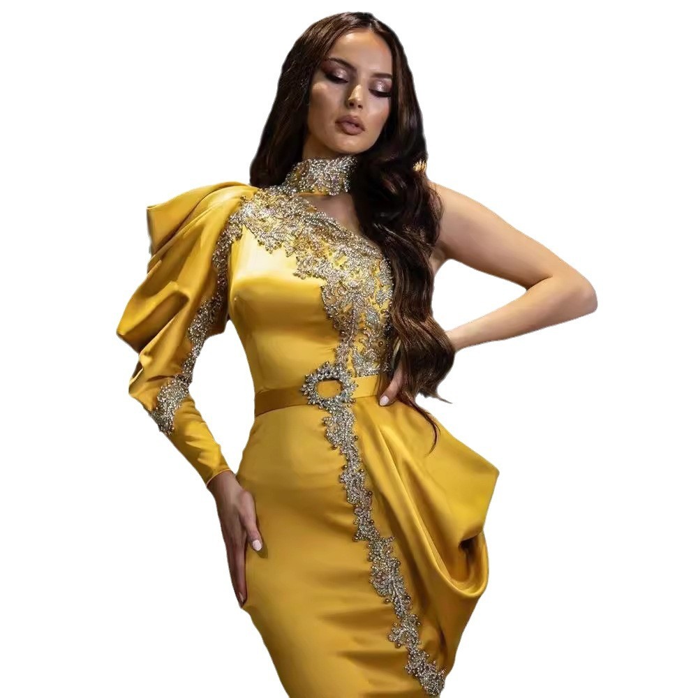 2025 New Evening Dress Womens Gold Plated High Neck Dress Banquet Dress