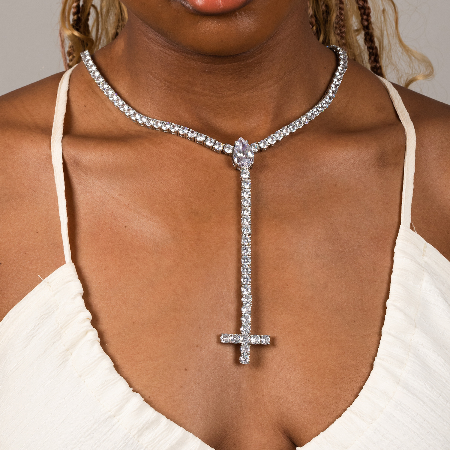 Hip Hop Long Cross Pendant Necklace 5mm Tennis Chain 5A Zircons Choke Chain Religious Jewelry