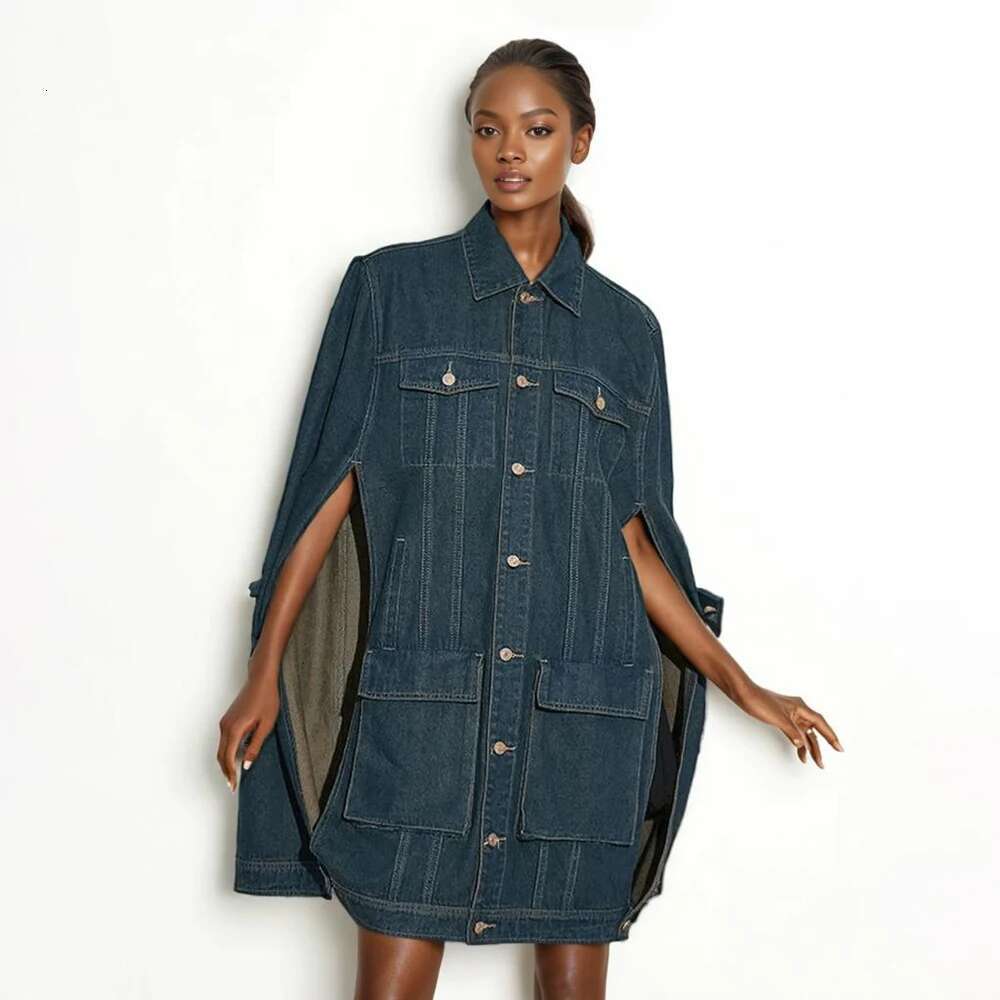 Casual Spliced Button Solid Denim Jackets For Women Lapel Cloak Sleeve Patchwork Pockets Streetwear Loose Coats Female New