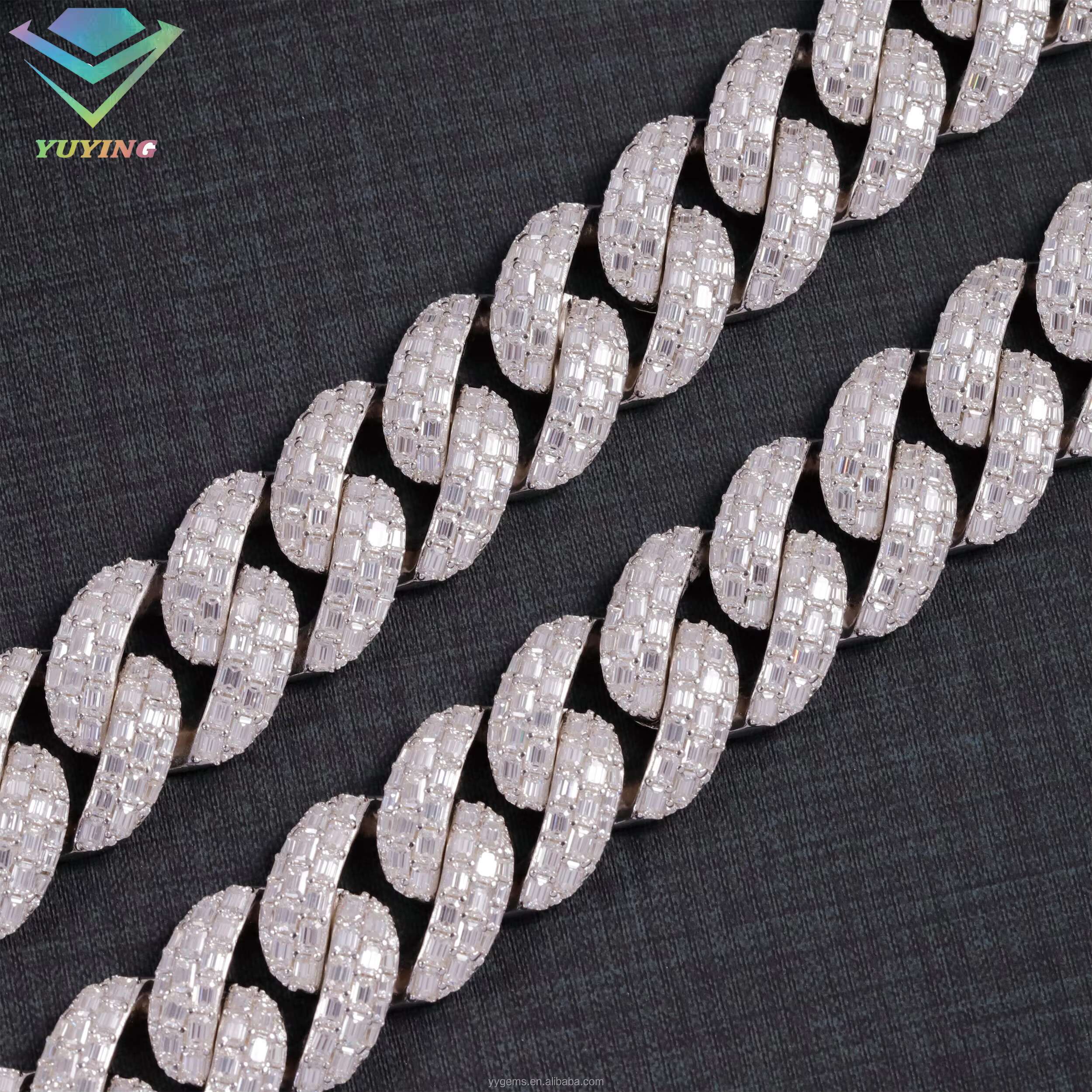 Yu Ying 20mm Baguettes VVS Moissanite Diamond Solid Silver Necklace Cuban Link Chain for Hiphop Jewelry