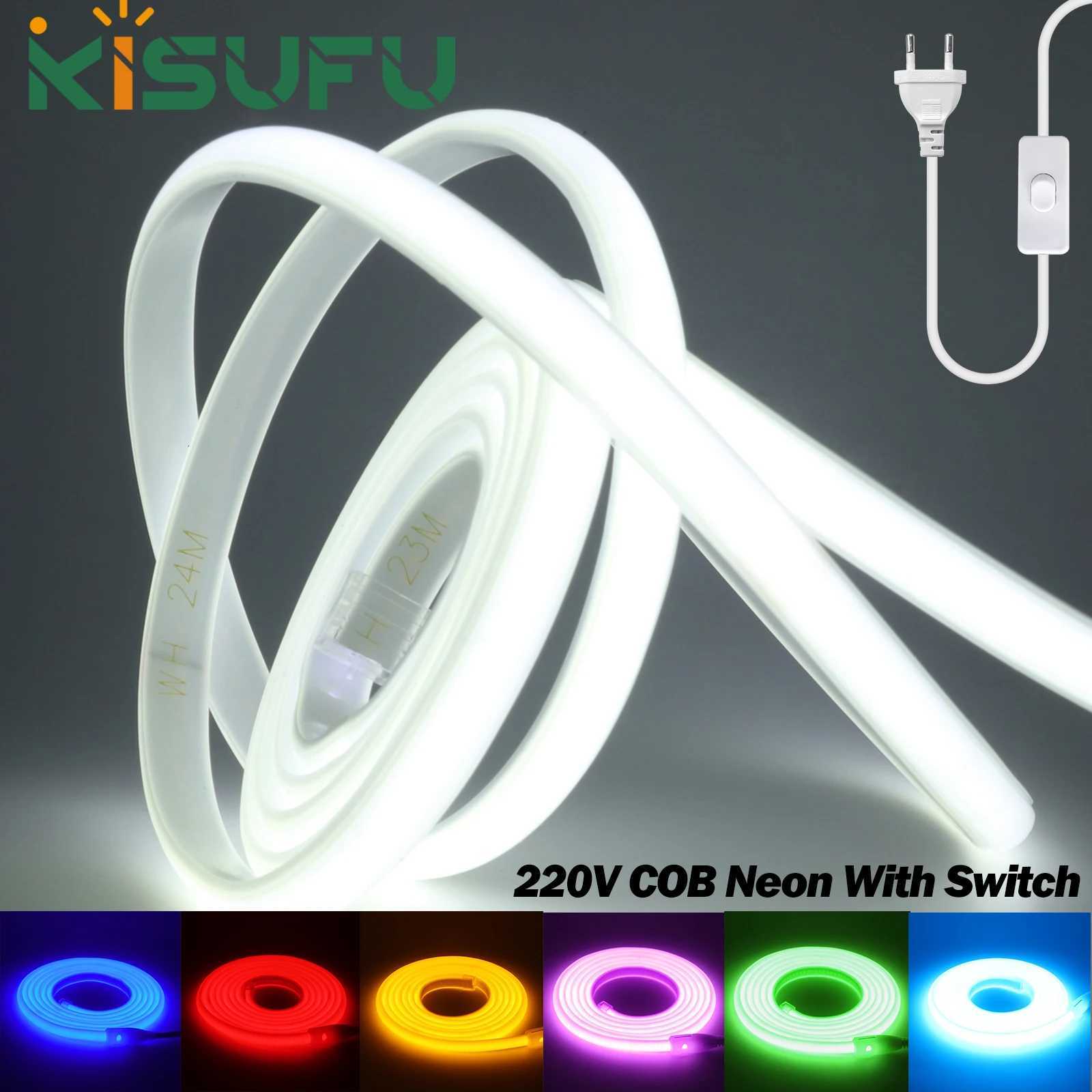 220V COB Neon Strip 288LEDs/m Purple White Blue Red Green IP67 Waterproof Ribbon Light With Switch EU Plug Lighting Garden/Home W251112