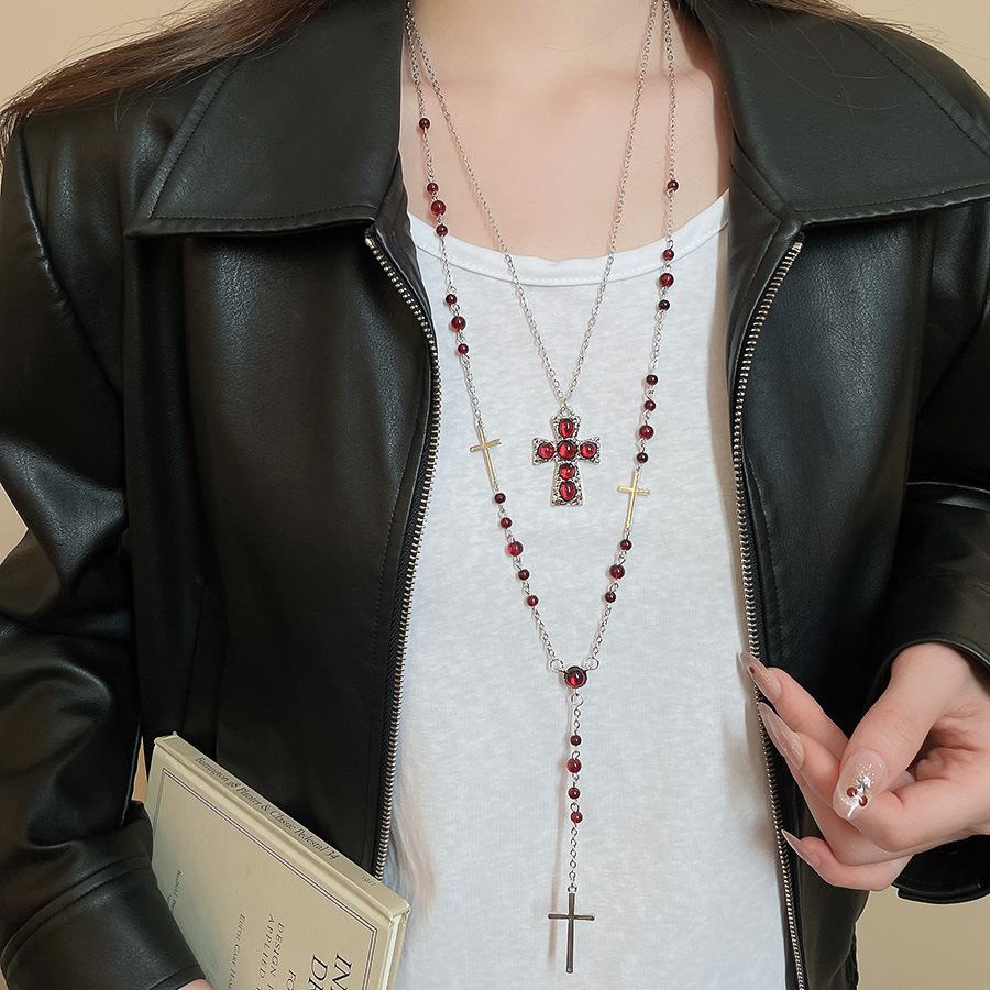 Vintage Crystal Beaded Cross Pendant Two-Piece Set Palace Style Necklace Light Luxury High-End Sweater Chain for Women - view 6