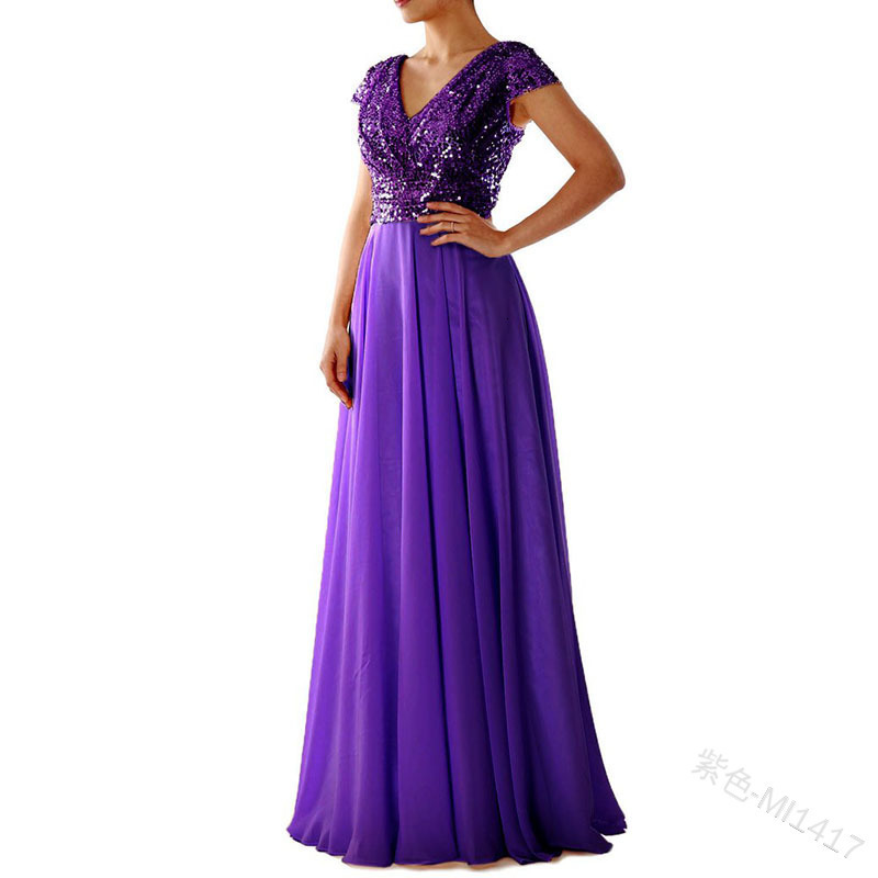 2025 New Spring/summer Womens Sleeveless Dress V-neck Sequin Temperament Chiffon Patchwork Evening Gown