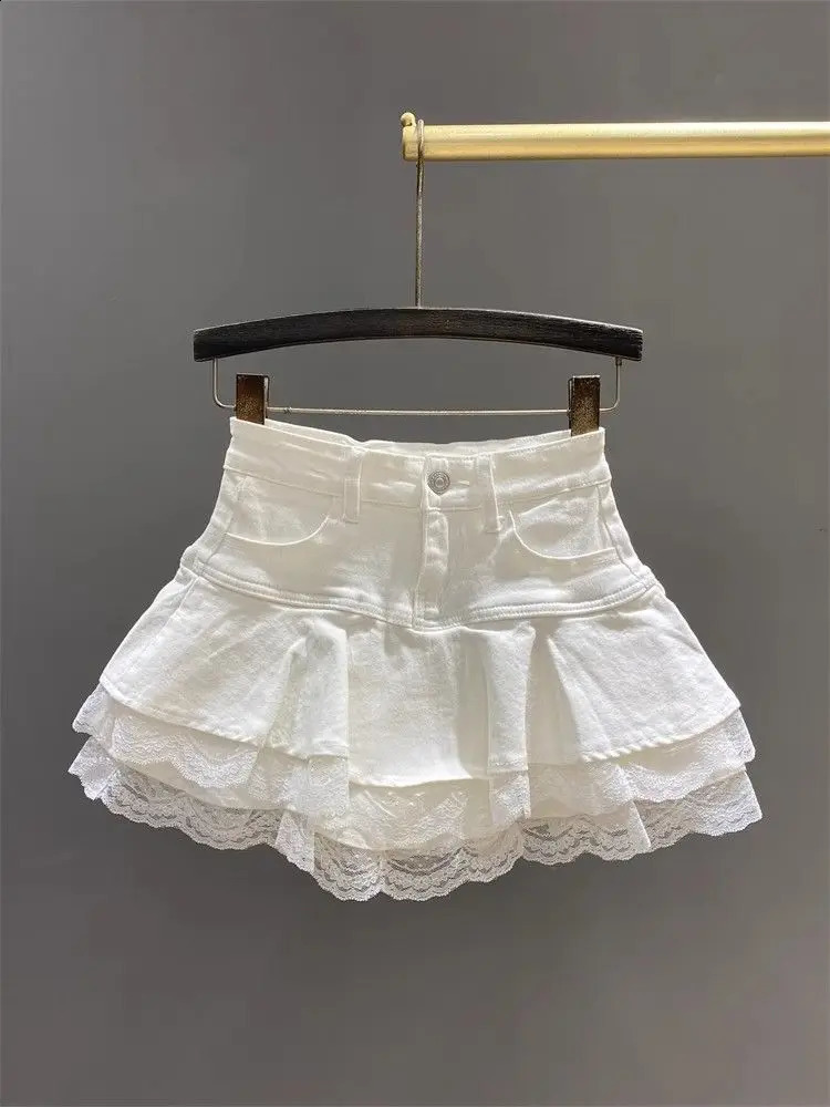 retro stretch denim cake pleated skirt for women summer lace spliced puffy skirt mini skirt 250407