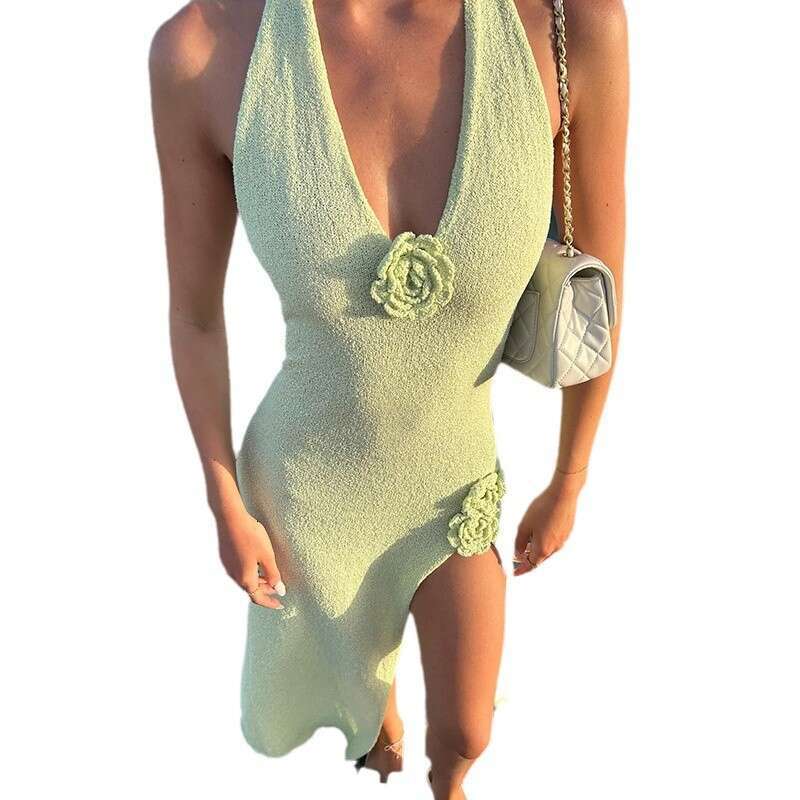 2024 deep V-neck backless long skirt sexy high slit camisole knitted dress