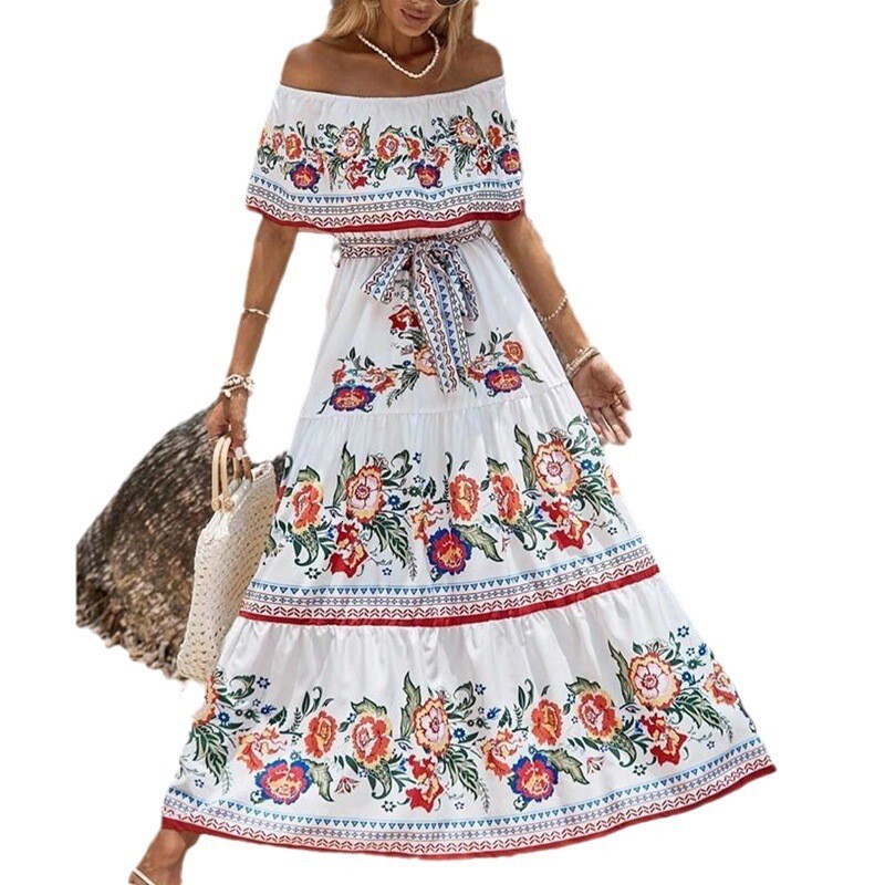 Spring and Summer New Off Shoulder Printed Long Swing Dress