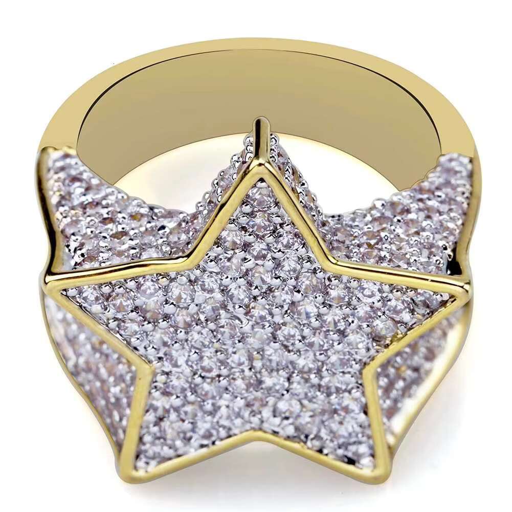 Wholesale Price Mens Stainless Steel Hip Hop Star Ring 18K Gold Plated with Two Tone Cubic Zirconia for Gift