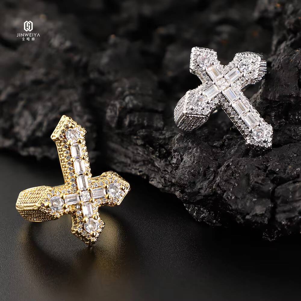Factory Wholesale High Quality Christian Hip Hop Rings Gold Plated Moissanite Cross 925 Sterling Silver Ring for Men