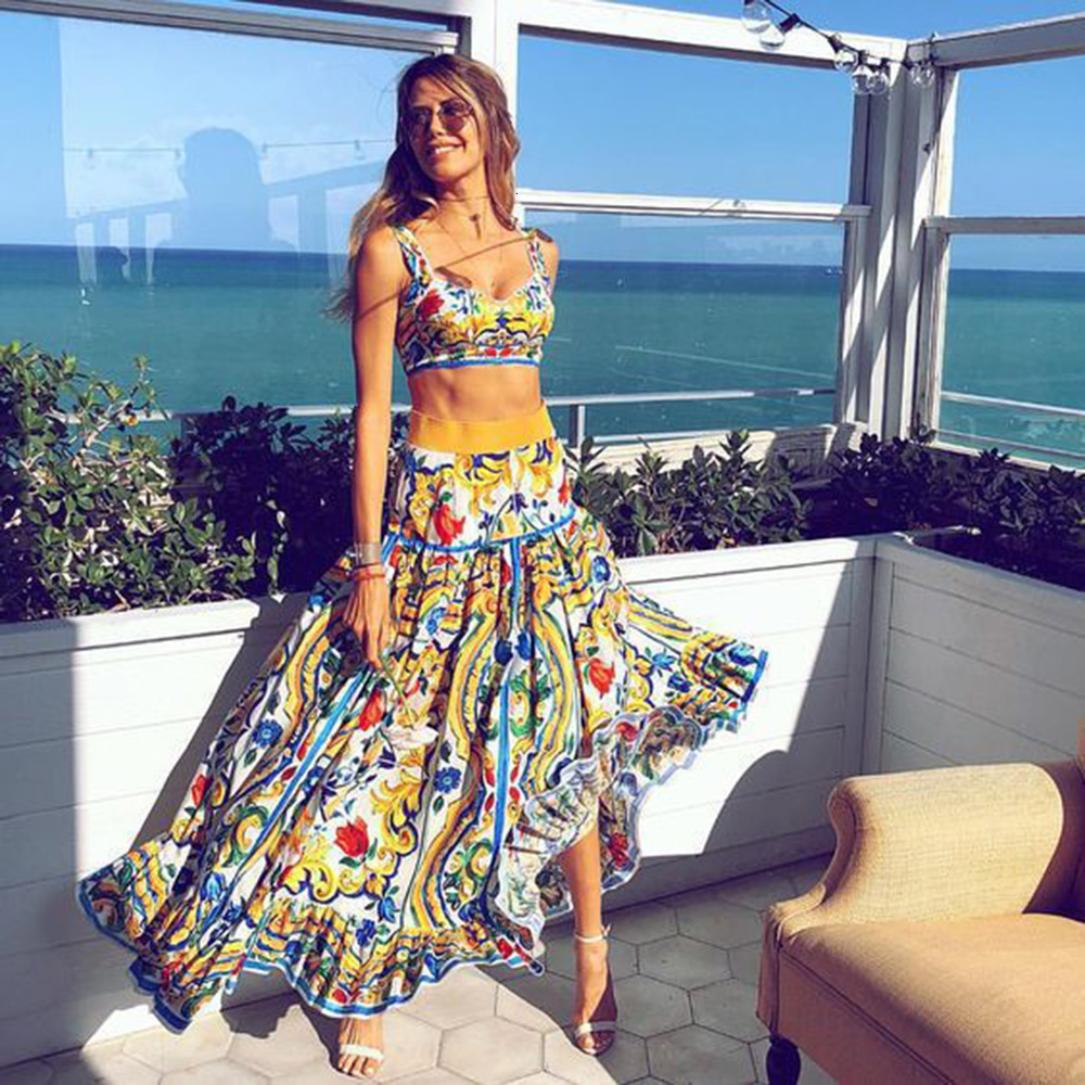 2025 Spring/summer New Womens Clothing Sexy Temperament Strap Printed Dress Set Beach Skirt Two Piece Set