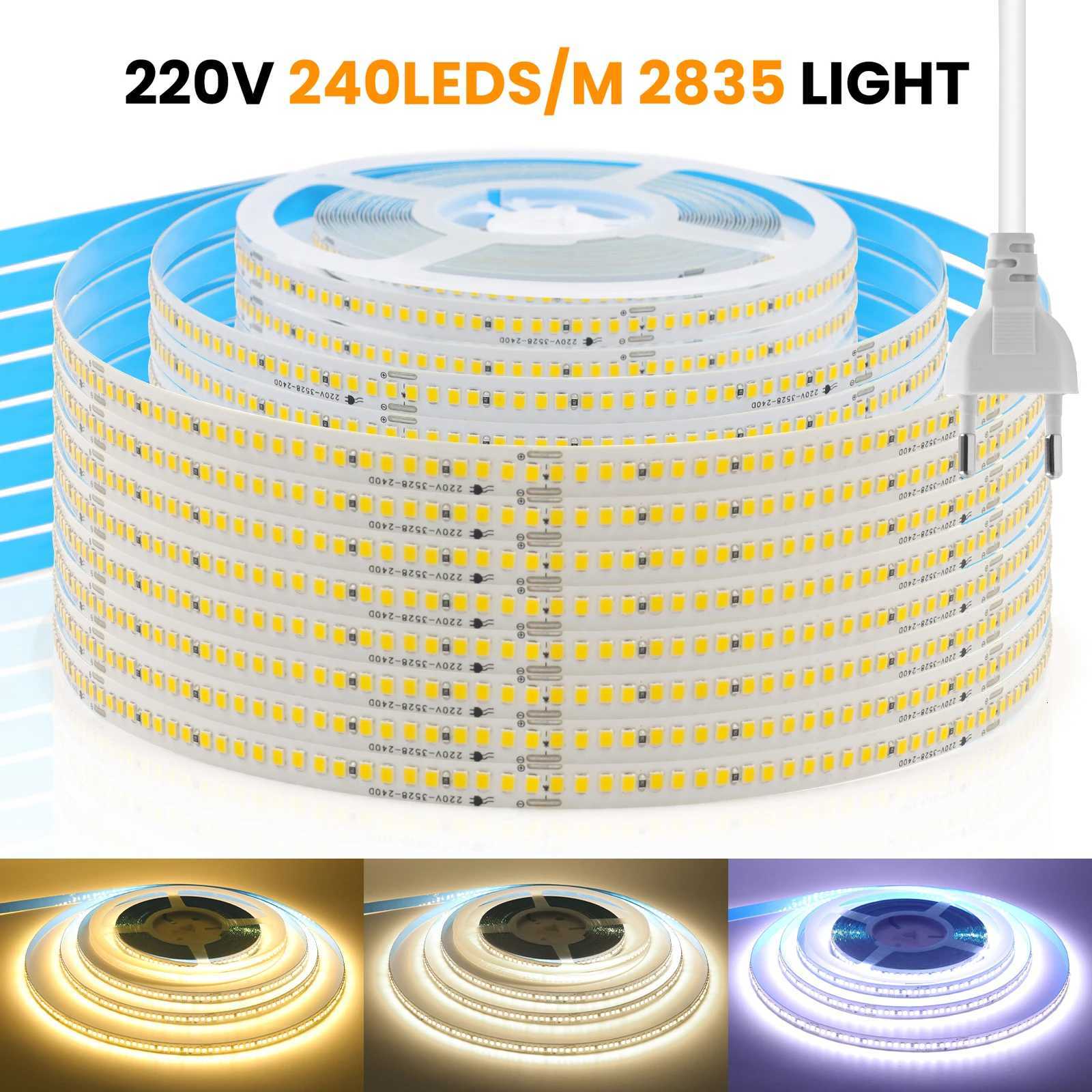 220V 2835 Adhesive Led Strip Light EU Plug 5M 10M 15M 20M IP44 240LEDs/m High Brightness Lamp Strip For Bedroom Kitchen Lighting M251113