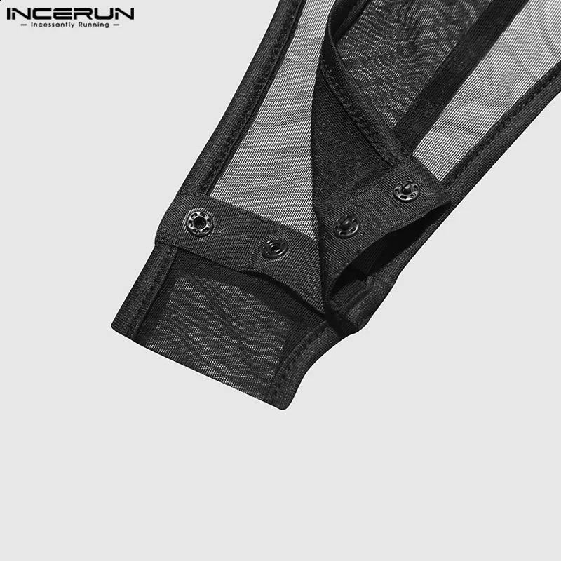 Mens tight fitting clothes with mesh splicing O-neck long sleeved sexy jumpsuit mens T-shirt fitness transparent fashion tight fitting clothes INCERUN