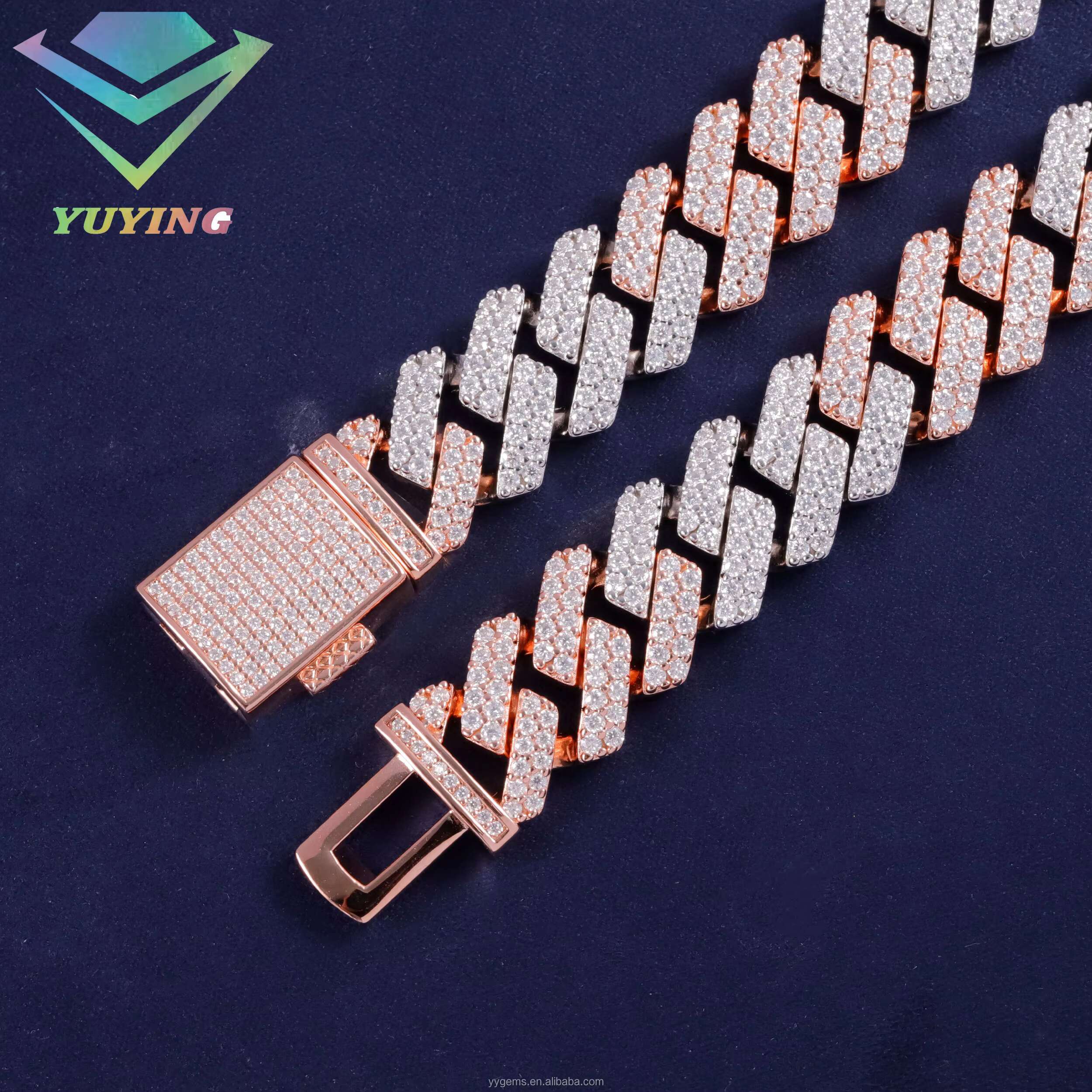 Yu Ying 2 Tone 15mm Wide Chain S925 Silver Iced Out Necklace VVS Moissanite Men Necklace Bling Cuban Link Chain