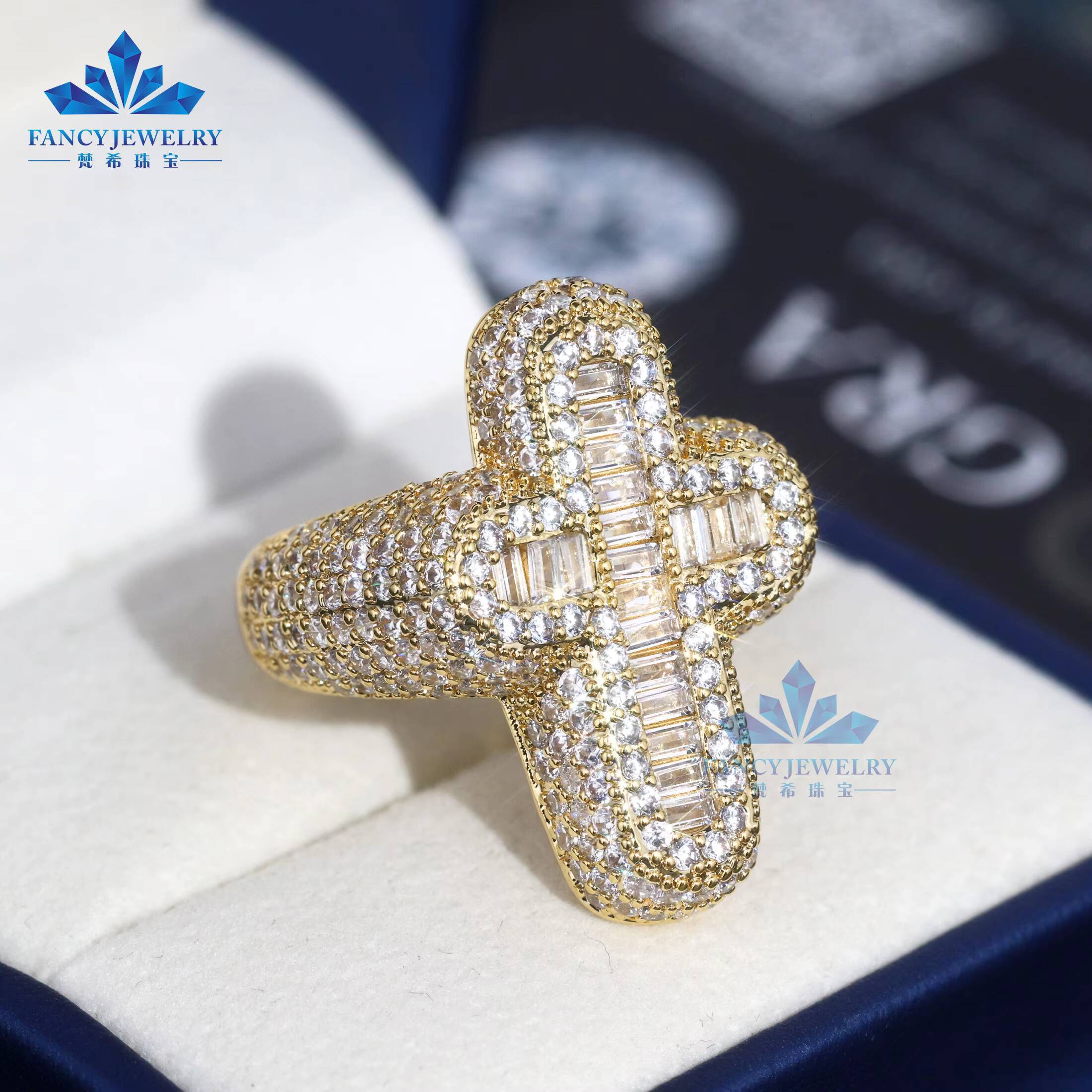 Wholesale Hip Hop Cross Gemstone Ring Men Ice Out 925 Silver Baguette Round Cut 18k Gold Plated Vvs Moissanite Cross Ring