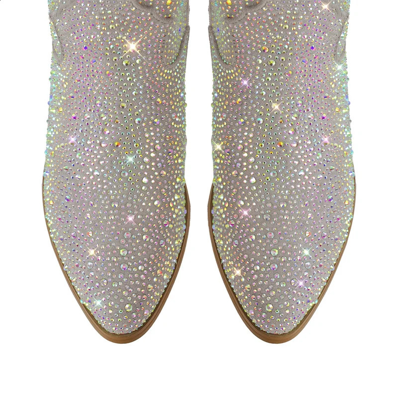 Onlymaker Women Side Zipper Knee High Boots Rhinestone Booties Glitter Bling Shiny Western Pointed Toe Block Heel Cowgirl Boot 250411